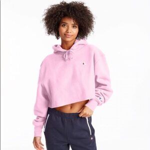 Champion Reverse Weave Cropped Hoodie Sweater Raw Hem Pullover Purple Size Large